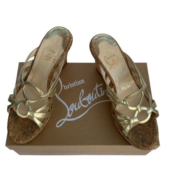 Louboutin 36 Gold Metallic Cork Wedge Mule Sandals - Picture 1 of 13